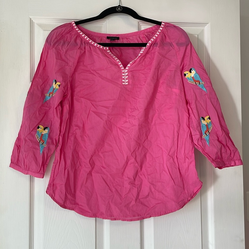 Talbots Woman’s Parrot Embellished Voile -Cotton shirt Size Small